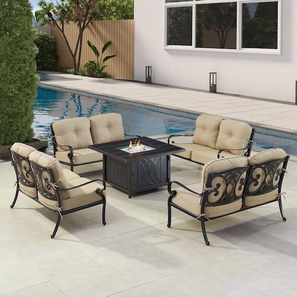Oakland Living Black Aluminum Fire Table Set with 4-Deep Seating Loveseats