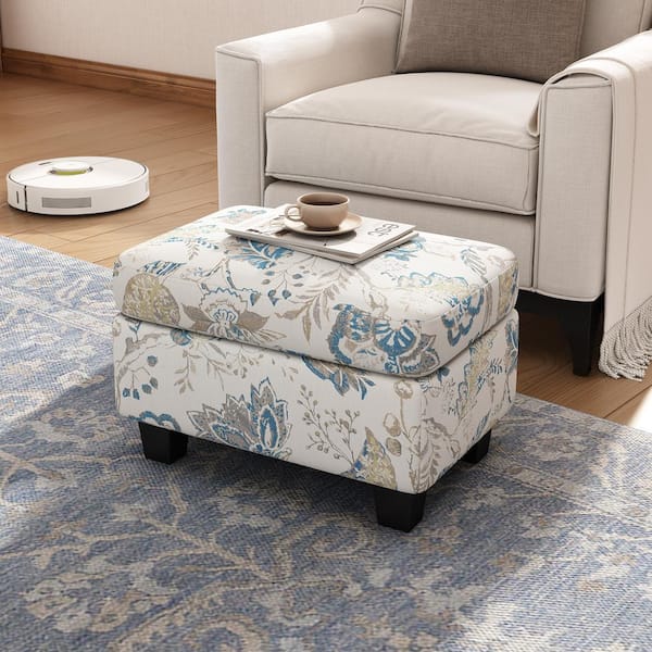 Noxveil Modern Fabric Upholstered Rectangle Accent Ottoman,Solid Wood Leg, Beige Plus Blue Floral
