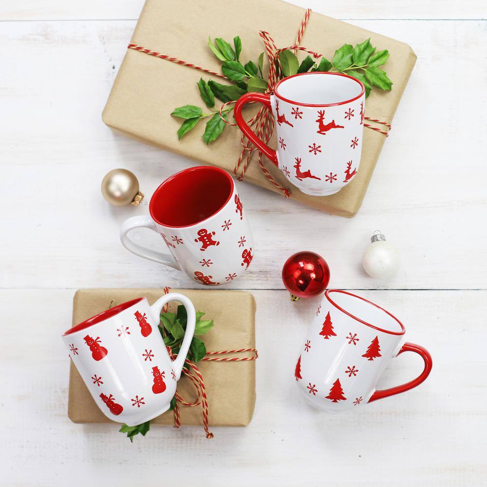 Winterfest Ceramic 12oz Christmas Mugs Set of 4, Red and White
