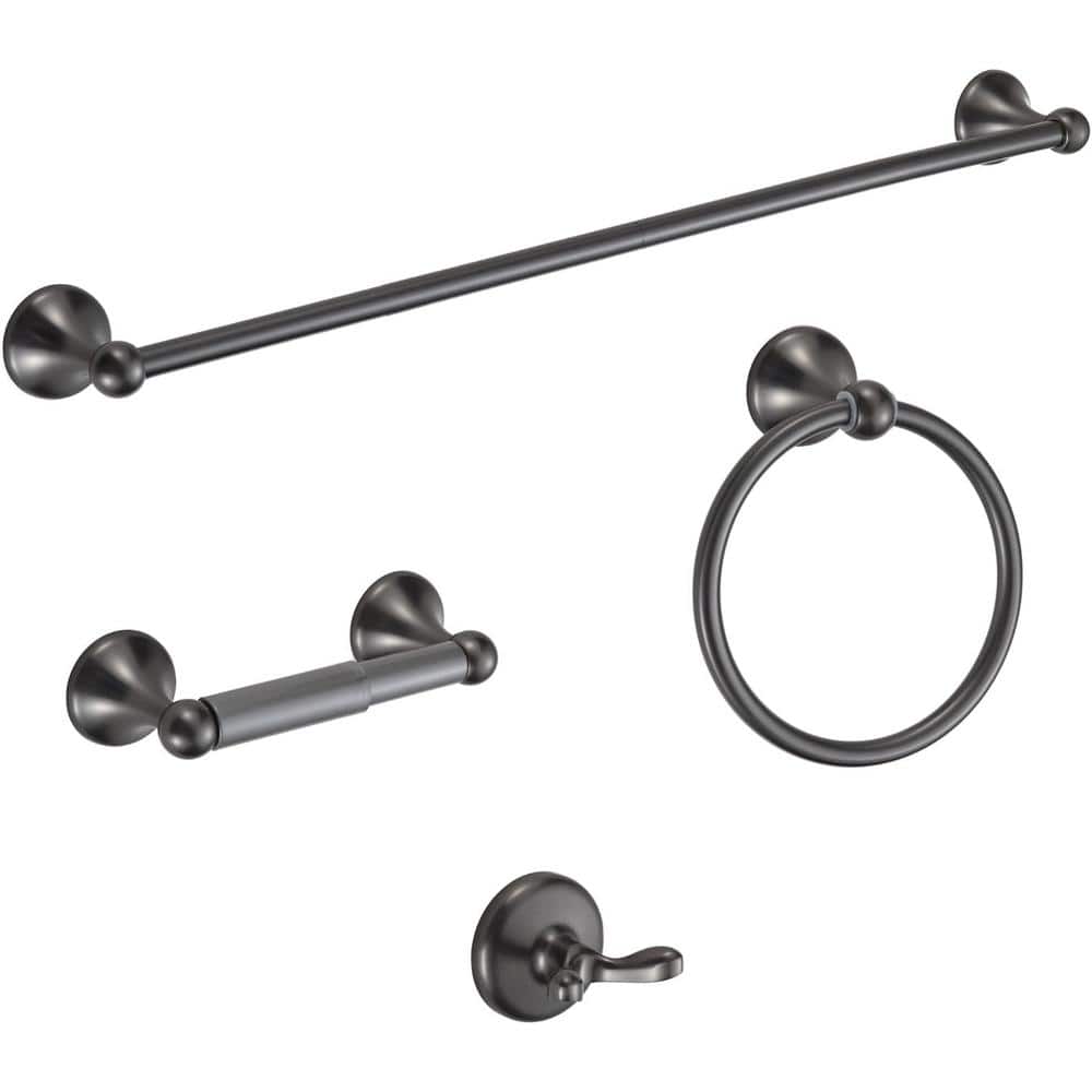 4-Pieces Bath Hardware Set w/Adjustable Expandable Towel Bar, Ring, Robe Ho