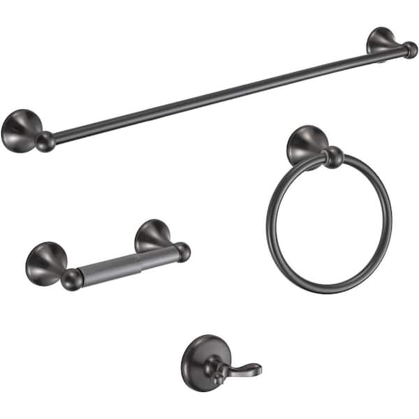 Unbranded 4-Pieces Bath Hardware Set w/Adjustable Expandable Towel Bar, Ring, Robe Hook and Toilet Paper Holder in Gunmetal Gray
