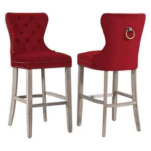 Harper 29 in. Red Velvet Tufted Wingback Kitchen Counter Bar Stool with Solid Wood Frame in Antique Gray