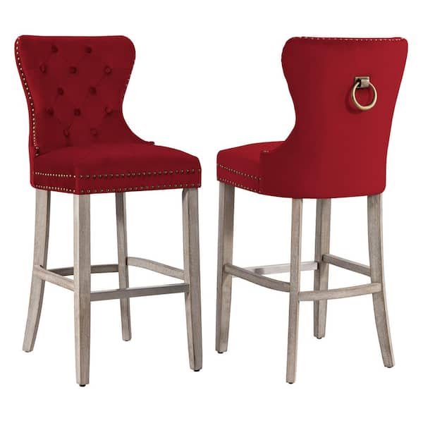 WESTINFURNITURE Harper 29 in. Red Velvet Tufted Wingback Kitchen Counter Bar Stool with Solid Wood Frame in Antique Gray (Set of 2)