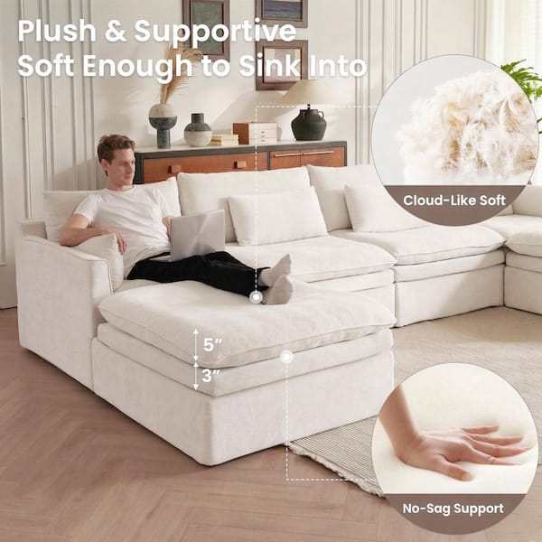 Oversized 156 in. Track Arm 6-piece Polyester Velvet Modular Sectional Sofa in White with 2 Ottomans, Washable Covers