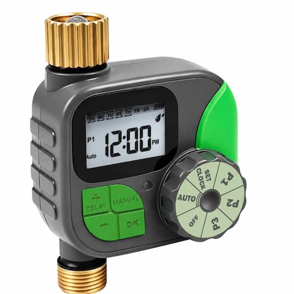 IP55 Brass Sprinkler Hose Timer with 3 Watering Programs Rain Delay and Manual Override for Garden Lawn Green
