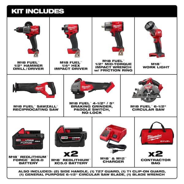 M18 FUEL 18V Lithium-Ion Brushless Cordless Combo Kit w/ Three Batteries, 1 Charger, 2 Tool Bags (7-Tool)