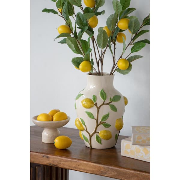 12.5 in White Ceramic Lidded Jar Vase with Vibrant Yellow Lemon