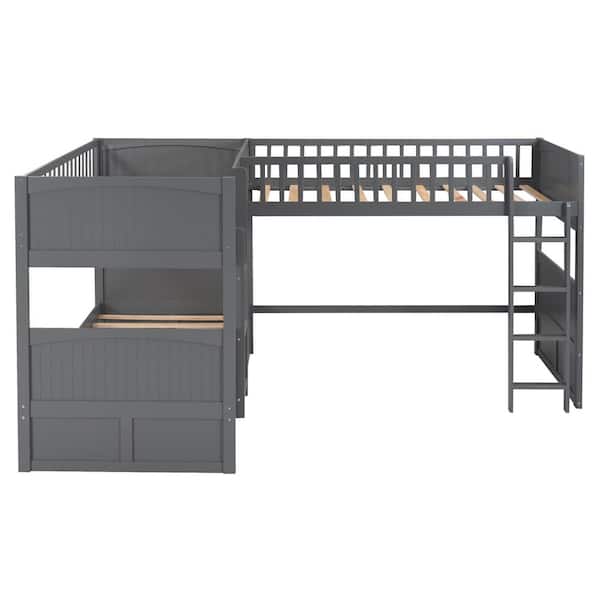 Angel Sar Gray L-Shaped Twin Bunk Bed with a Loft Bed attached and 2-Drawers