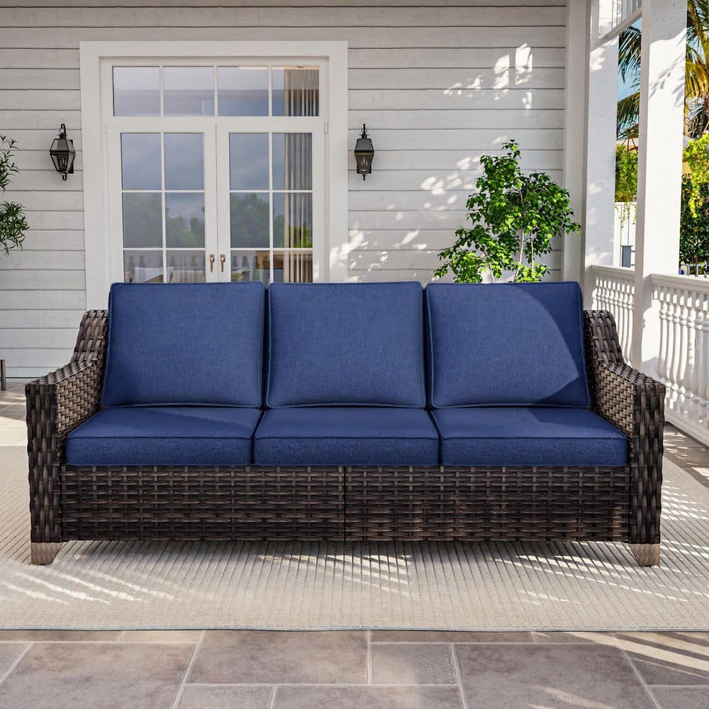 Brown Wicker Outdoor Sofa Patio Couch with Plush Blue Cushions price history on PriceWatchPro