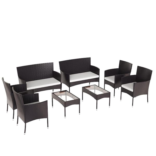 Unbranded Brown 8-Piece Wicker Patio Conversation Set with Beige Cushions