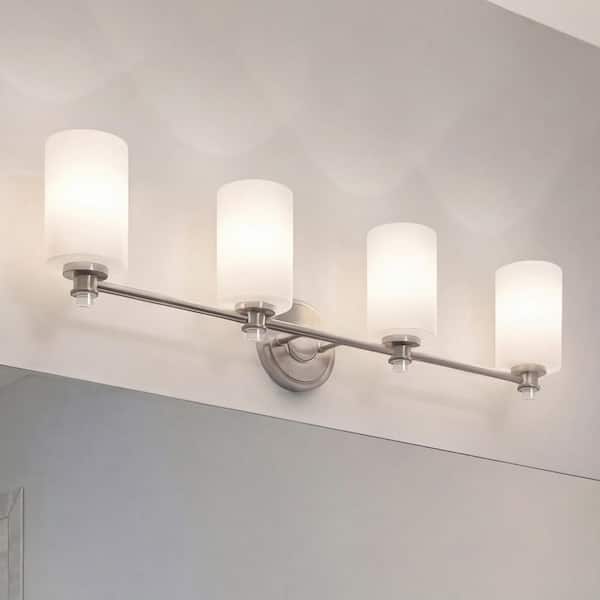 Joelson 34 in. 4-Light Brushed Nickel Transitional Bathroom Vanity Light with Satin Etched Cased Opal Glass