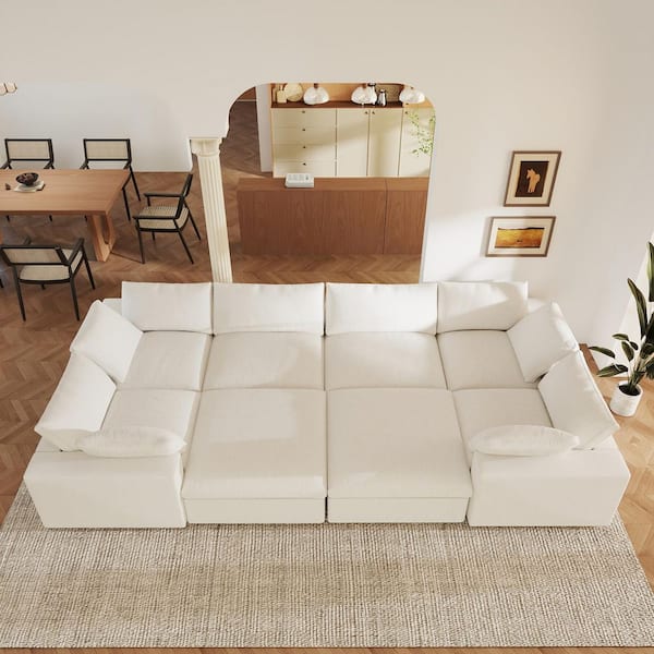Grand Convertible 157 in. Square Arm Linen 8-Piece Pine Wood Cloud Modular Sectional Sofa in White with Storage Ottomans