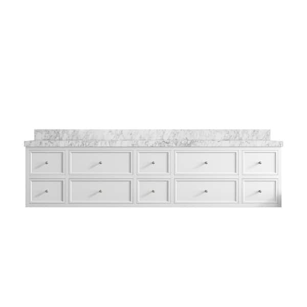 Willow Collections Roswell Floating 84 in. Double Sink Freestanding White Bath Vanity with Carrara Marble Top