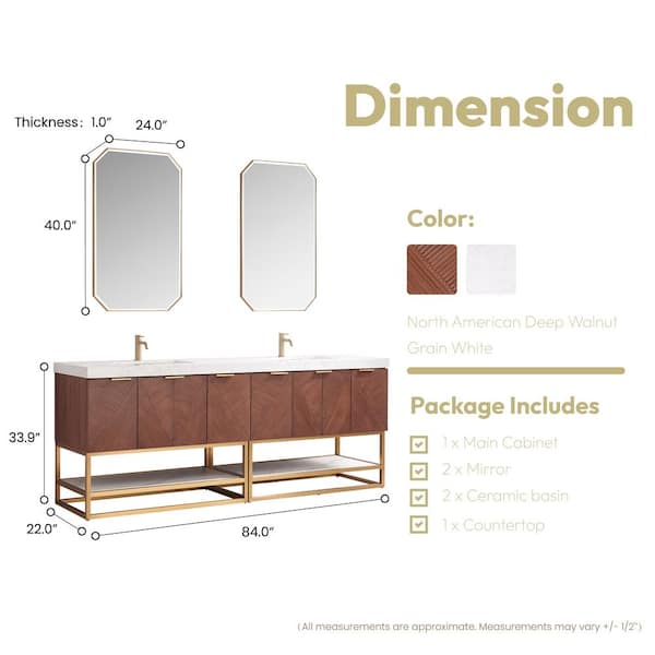 Mahon 84 in.W x 22 in.D x 33.9 in.H Double Sink Bath Vanity in Walnut with White Grain Composite Stone Top and Mirror