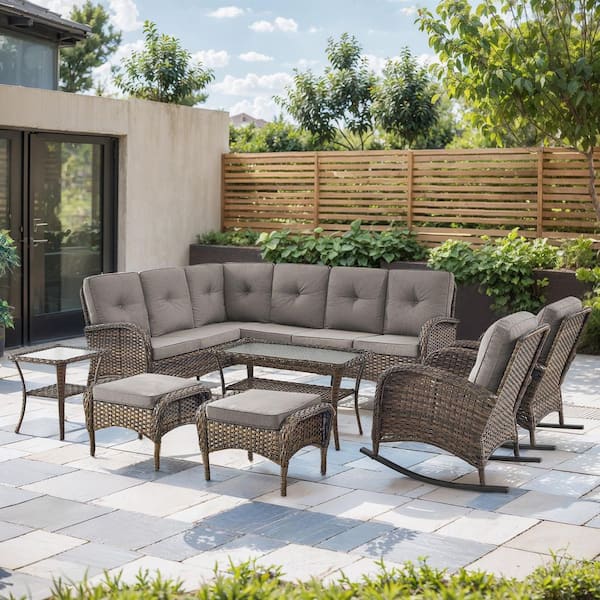 8-Piece Brown Wicker Outdoor Sectional Set with Olefin Gray Cushions and L-Shaped Sofa/Rocking Chairs