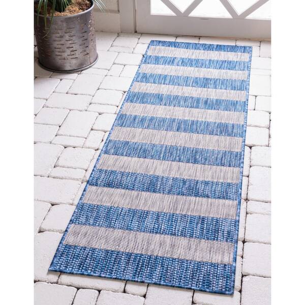 Outdoor Distressed Stripe Azure Blue 2 ft. x 6 ft. Runner Rug