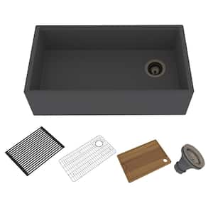 Concrete 33 in. Single Bowl Farmhouse Apron Kitchen Sink with Cutting Board, Rolling Drying Rack, Grid and Drainer (BE)