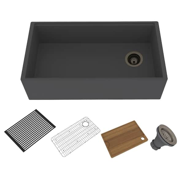 CASAINC Concrete 33 in. Single Bowl Farmhouse Apron Kitchen Sink with Cutting Board, Rolling Drying Rack, Grid and Drainer (BE)