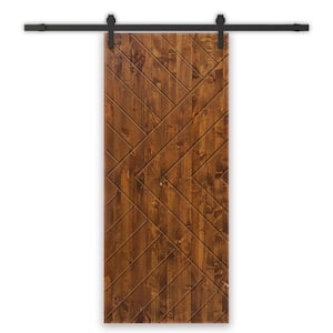 Chevron Arrow 36 in. x 84 in. Fully Assembled Walnut Stained Wood Modern Sliding Barn Door with Hardware Kit