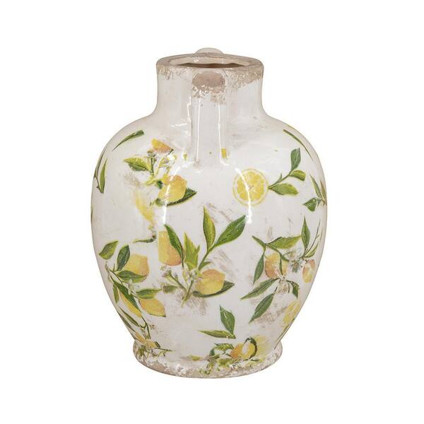 9 in. White Ceramic Pitcher Decorative Vase 1 PC with Yellow Lemon