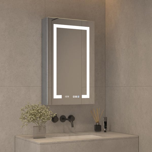 stufurhome MEG 20 in. W x 32 in. H Rectangular Silver Aluminum Recessed/Surface Mount Right Medicine Cabinet with Mirror and LED﻿