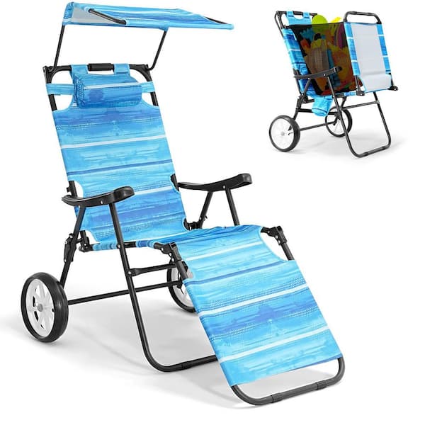 Beach Cart Chairs with Wheels 2 in 1 Heavy Duty Beach Chair with Canopy Shade Folding Lounge Chair Tanning Chair