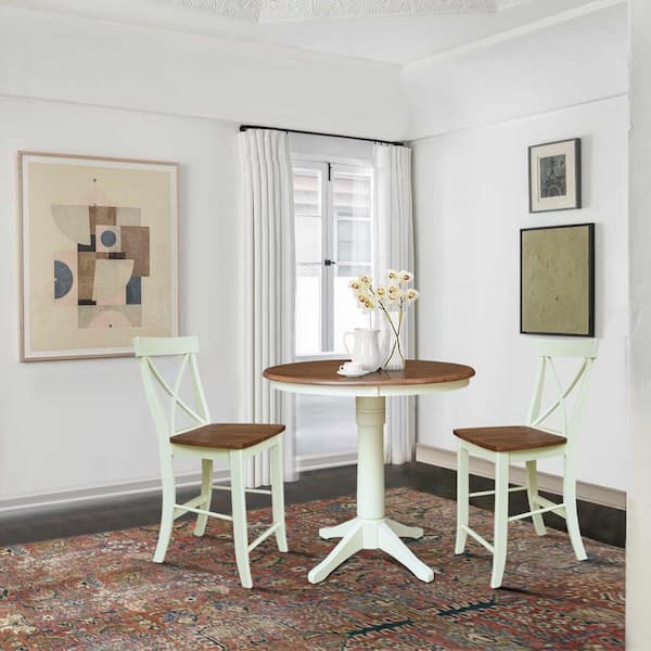 International Concepts Olivia 3-Piece 36 in. Round Hickory/Shell Solid Wood Round Top Counter Height Dining Set with X-Back Stools Seats 4