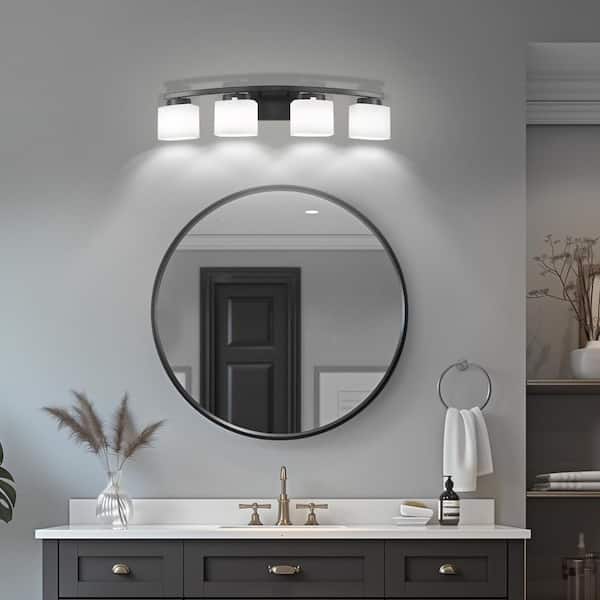 33.5 in. 4-Light Black Modern Square Vanity Light for Bathroom, Bedroom with Curved Arms and Milk White Glass Shades