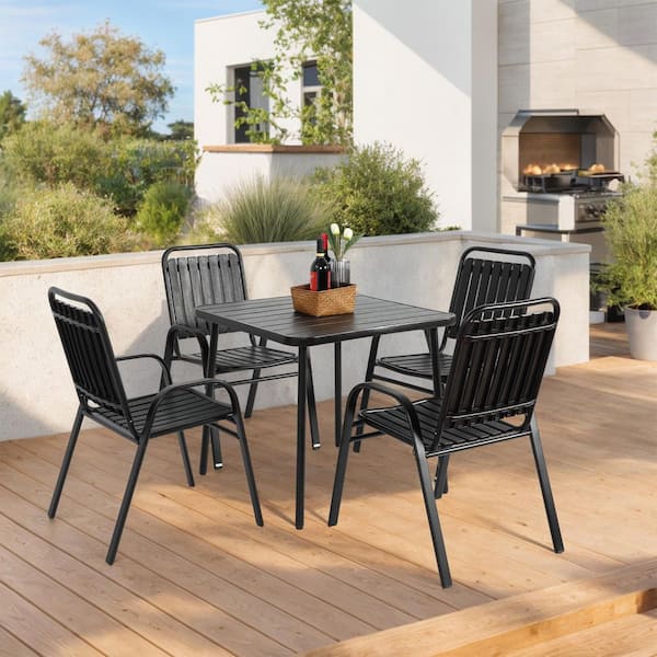 Tenleaf 5-Piece Black Metal Indoor-Outdoor Dining Set Patio Table and Chair Set Conversation Set with Steel Tabletop