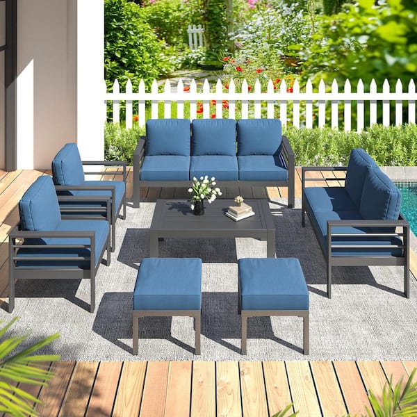 Sudzendf Black 7-Piece Aluminum Patio Conversation Set with Blue Cushions, Coffee Table and Stool for Garden, Backyard
