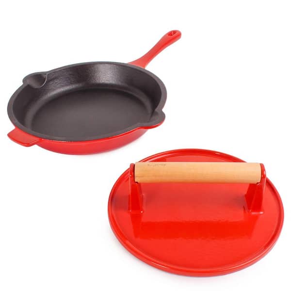 BergHOFF Neo 2-Piece Cast Iron 10 in. Fry Pan with Steak Press, Red
