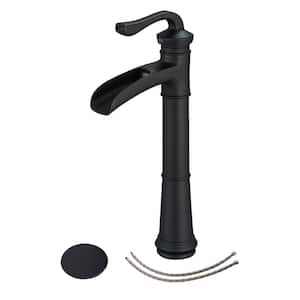 Single Handle Waterfall Bathroom Vessel Sink Faucet with Pop-Up Drain 1-Hole High Tall Bathroom Faucets in Matte Black