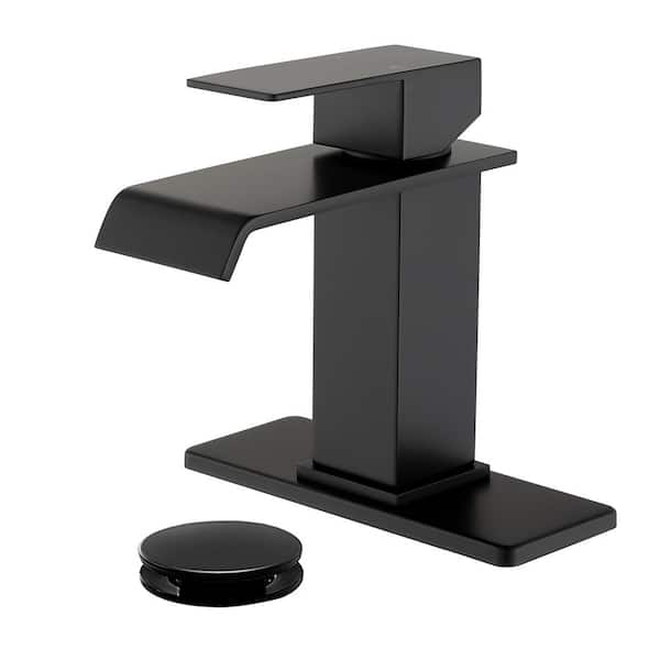 FLG Single Handle Single Hole Bathroom Faucet with Pop-up Drain Kit and Deckplate Waterfall Sink Basin Taps in Matte Black