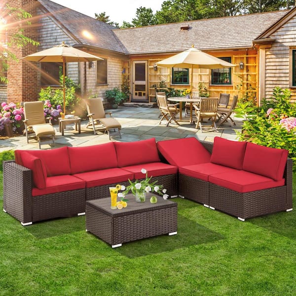 homrest 7-Piece PE Wicker Outdoor Sofa Sectional Set with Wine red Cushions for Garden, Lawn, Balcony