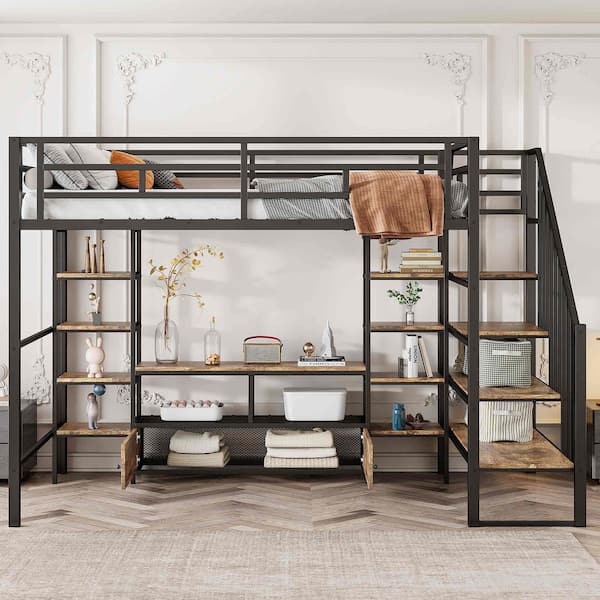 Black Full Size Loft Bed with Staircase, Low Storage Table and Storage Shelves
