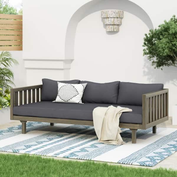 3 Seater Day Bed with Grey Wood Frame and Soft Grey Cushions for Modern Living Spaces and Comfort