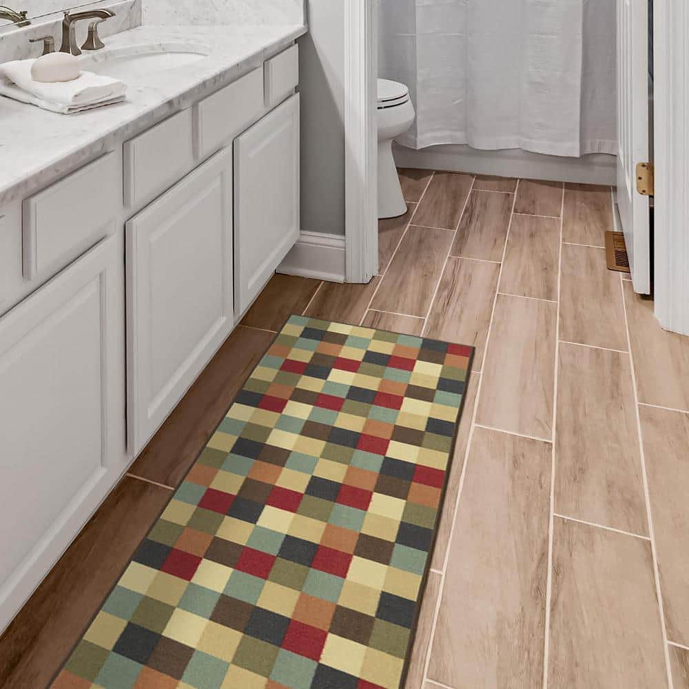 Multicolor Checkered Non-Slip Runner Rug with Rubber Backing