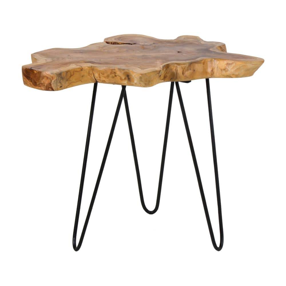 Natural Live-Edge Teak Wood Round Accent Table with Metal Legs