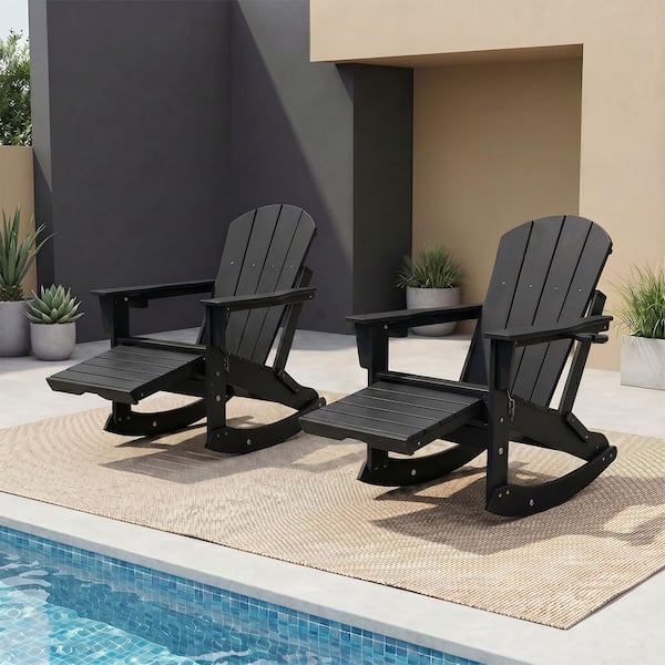 lohasco Black HDPE Plastic Folding Adirondack Rocking Chair Set of