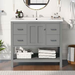 36 in. W Single Sink Bath Vanity in Gray with White Solid Surface Top, USB Charging Ports, 3-Drawers and 1-Door