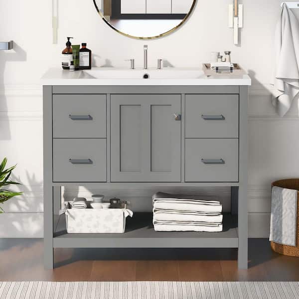 Polibi 36 in. W Single Sink Bath Vanity in Gray with White Solid Surface Top, USB Charging Ports, 3-Drawers and 1-Door