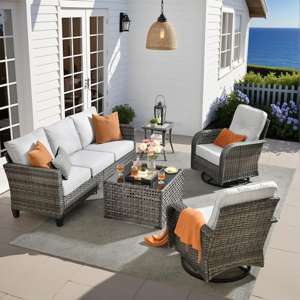 Vista Gray 5-Piece Wicker Outdoor Patio Lounge Chair with Light GrayCushions, Swivel Rocking Chair&3-Sofa for Garden