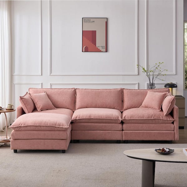 Weyric Modern 105 in. Chenille Upholstered L-Shape 3-Seats Modular Sectional Sofa in Pink with Ottoman, Pillows