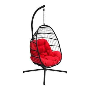 32.5in 1-Person Black Steel Stand and Wicker Hanging Basket Patio Swing Chair with Red Cushion