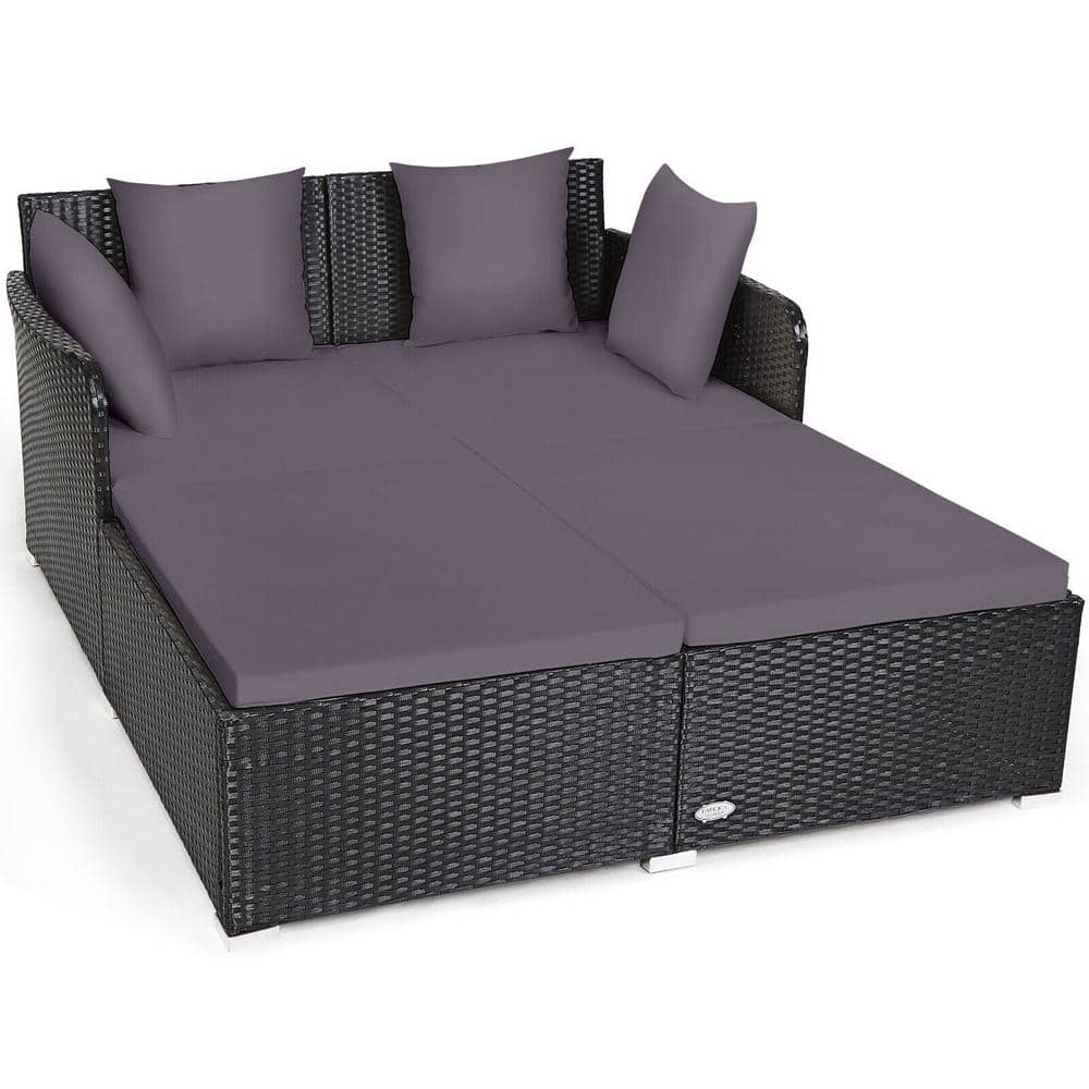 Black PE Rattan Wicker Outdoor Day Bed with Gray Cushions and 4 Pillows