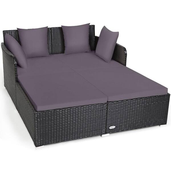 ANGELES HOME Black PE Rattan Wicker Outdoor Day Bed with Gray Cushions and 4 Pillows