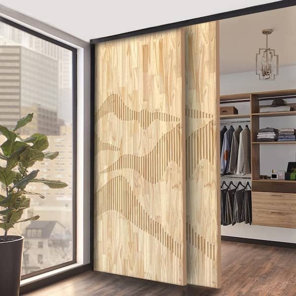 CALHOME 48 in. x 80 in. Hollow Core Natural Solid Wood Finished Interior Double Sliding Closet Doors, Natural Wood