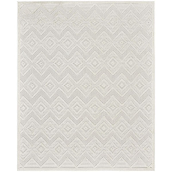 Ivory, White 9 ft. x 12 ft. Woven Abstract Polyester Rectangle Indoor/Outdoor Area Rug