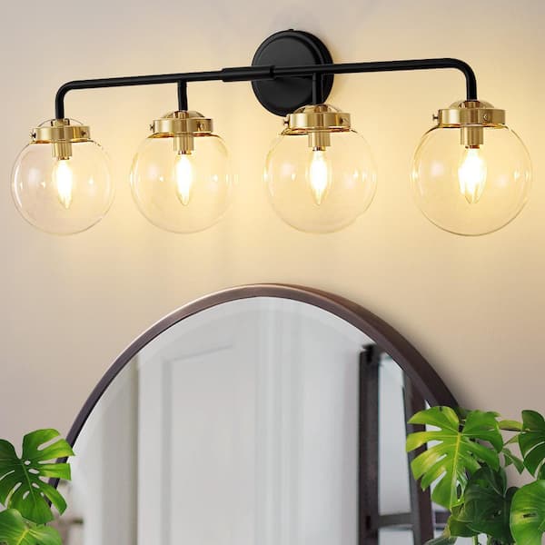30.71 in. 4-Light Black and Gold Bathroom Vanity Light with Clear Glass Shades, Bulbs not Included