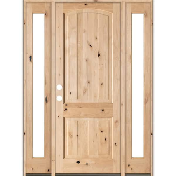 Krosswood Doors 70 in. x 96 in. Rustic Knotty Alder Arch V-Groove Unfinished Right-Hand Inswing Prehung Front Door/Full Sidelites